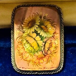 Fedoskino Russian Flower Bouquet Pin Mother of Pearl Lacquer German Silver